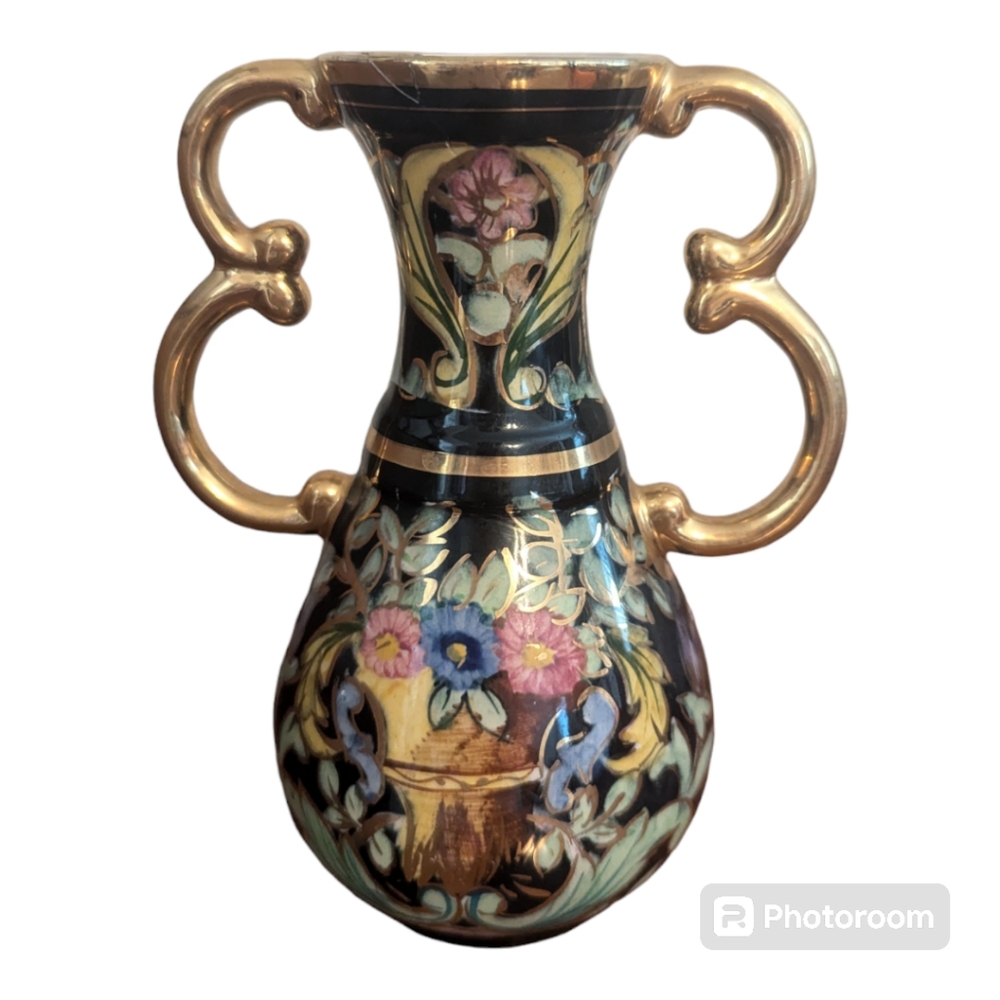 Vintage 50's H. Bequet Quaregnon #321 Belgium Black & Gold Twin Handled Vase 7"